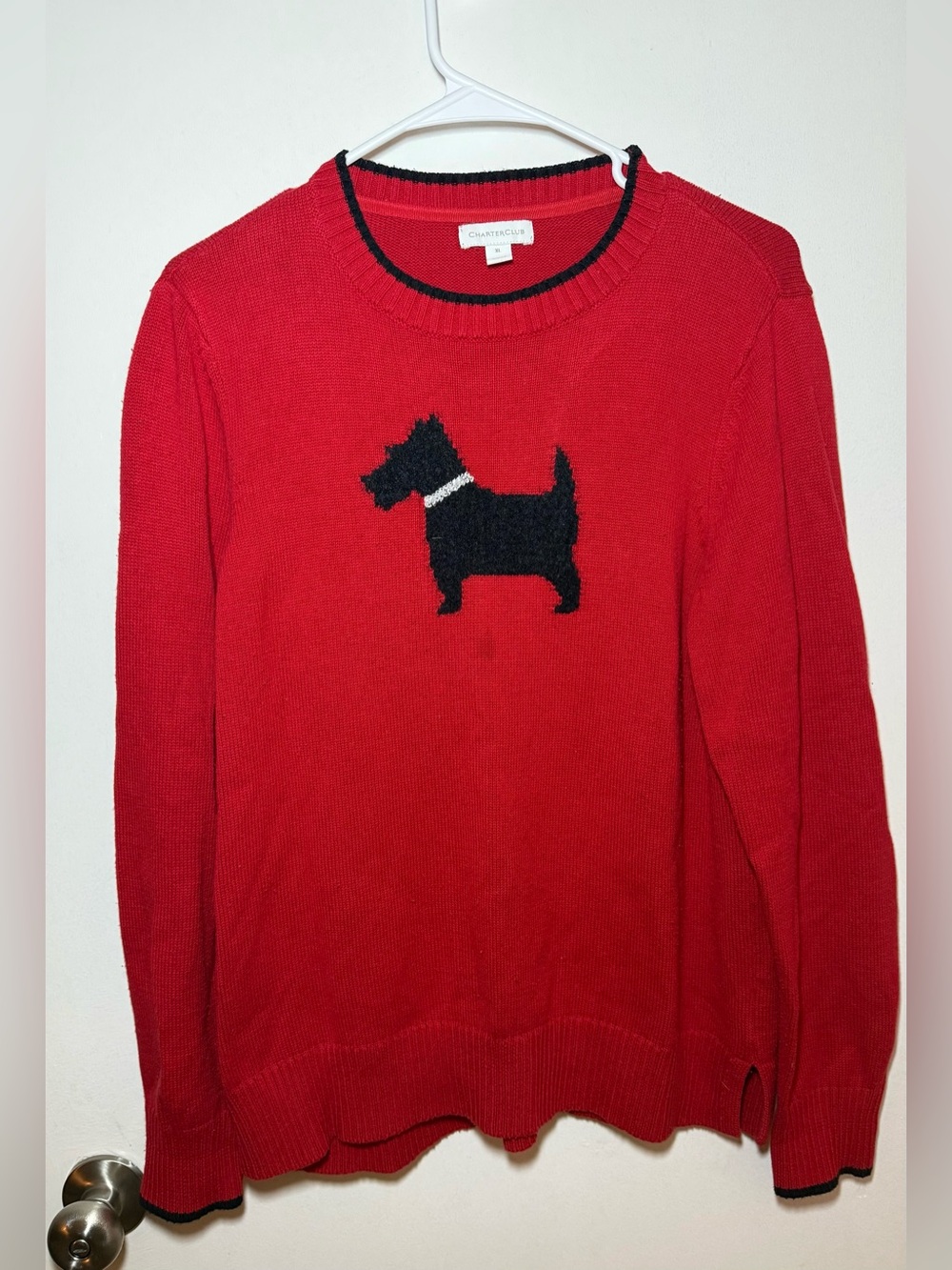 Charter Club Women's Red Knit Pullover Sweater Embroidered Scottie Dog Size XL